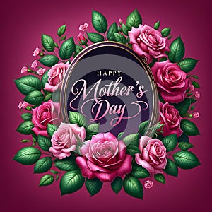 Happy Mother\'s Day greeting card with lush pink roses flowers and circular frame on red background