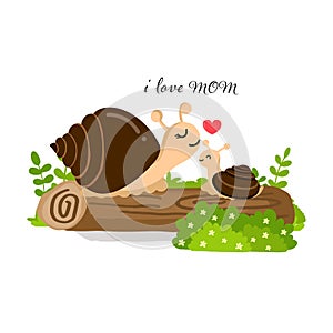 Happy Mother`s Day Greeting Card. Mom and baby snail cartoon