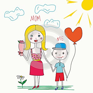 Happy Mother`s Day greeting card. Mom and son holding hands on sunny day. childrens drawing as gift to mom.