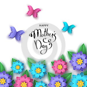 Happy mother`s day greeting card with paper cut flowers.