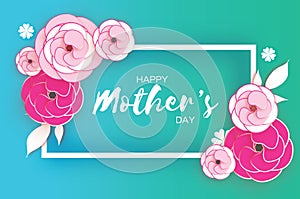 Happy Mother`s Day Greeting card. Pink Paper cut Flower. Rectangle Frame. Space for text.