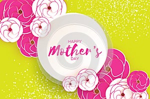 Happy Mother`s Day Greeting card. Pink White Paper cut Flower. Circle Frame. Space for text.