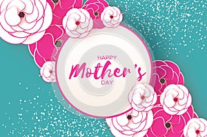Happy Mother`s Day Greeting card. Pink White Paper cut Flower. Circle Frame. Space for text.