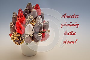 Happy mother`s day greeting card that reads Anneler gununuz kutlu olsun with red lettering; A bundle of edible flowers,
