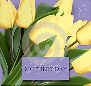 Happy Mother`s Day greeting card. Spring cut flowers tulips, festive background. Vector illustration. Women`s holiday