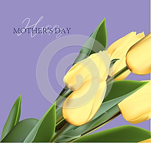 Happy Mother`s Day greeting card. Spring cut flowers tulips, festive background. Vector illustration. Women`s holiday