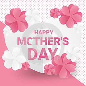 Happy mother`s day greeting card on sweet team - Pink text with white and pink paper flowers on heart paper background.