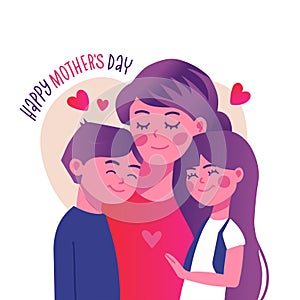 Happy Mother's Day greeting card template. Smiling mom hugs her children. Mom cuddling daughter and son