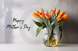 Happy Mother\'s Day greeting card with with tulips yellow first spring flowers in a glass vase. photo