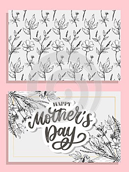 Happy Mother`s Day greeting card vector illustration. Hand lettering calligraphy holiday background in floral frame