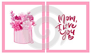 Happy Mother s Day Greeting Cards Set. Composition with lettering and pink flowers, tulips, roses. Hand written