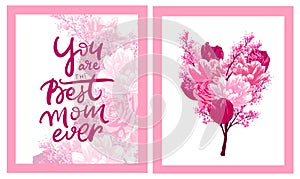 Happy Mother`s Day Greeting Cards Set. Composition with lettering and pink flowers, tulips, roses. Hand written congratulations