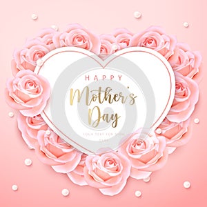 Happy mother`s day heart shape card banner pink elegant rose flower ring and pearl with girlish pink gradient background