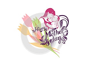 Happy Mother`s day Lettering. Silhouette of a mother and her child.