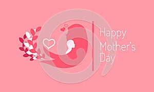 Happy mother`s day. mini heart love sign. lady hold child on her shoulder and branch leaf swaying follow mom`s hair. silhouette