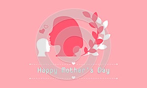 Happy mother`s day. mini heart love sign. lady kiss on forehead her child and around with leaf. silhouette style. vector