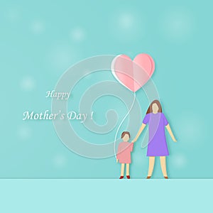 Happy Mother`s Day mother and daughter with heart balloon in her hand with copy space on green background. paper art cut style