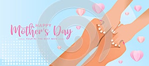 Happy mother`s day - mother and hands holding paper heart with i love mom text in white frame on soft blue background vector