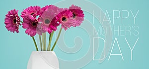 Happy Mother`s Day Pastel Candy Blue Coloured Background with pink gerberas in a vase. photo