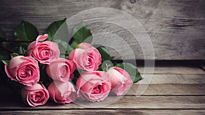 Happy Mother\'s Day with Pink Roses Over Rustic Wood Background, generative ai