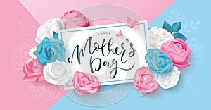 Happy mother`s day postcard with roses, lettering, daisies and butterflies. Template design for banner, flyer, card
