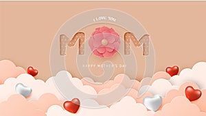 Happy mother`s day poster or banner with clouds, heart shape and flower on in paper cut style. Digital craft paper art