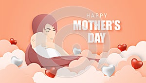 Happy Mother`s day poster or banner with mother hug her baby in paper cut style. Shopping promotion template for mother`s day.