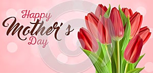 Happy Mother\'s day with red tulips on pink background banner