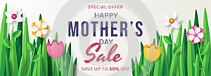 Happy mother`s day sale banner with flowers and grass papercut style.