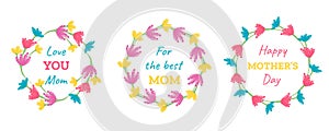 Happy mother\'s day. A set of circle brush strokes, hand drawn frame with a wreath of flowers. Vector illustration