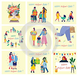 Happy Mother s Day Set of cute and colorful vector illustrations. Kids and their mom, gifts and flowers for the Mother s