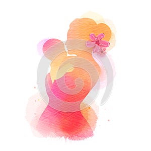 Happy mother`s day. Side view of Happy mom with baby  silhouette plus abstract watercolor painted. Double exposure illustration.