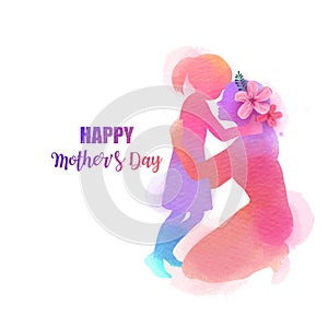 Happy mother`s day. Side view of Happy mom with daughter  silhouette plus abstract watercolor painted.Happy  mother`s day. Doubl