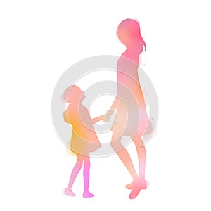 Happy mother`s day. Side view of Happy mom with girl together silhouette plus abstract watercolor painted.Double exposure