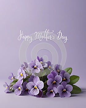 Happy Mother`s Day text on card and purple viola flowers.