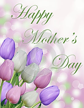 Happy Mother's day text with pink purple and white tulips and abstract bokeh background