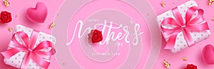 Happy mother`s day text vector design. Mother`s day greeting typography with gift boxes elements