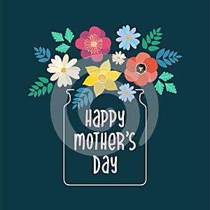Happy Mother`s Day typography lettering poster on floral frame background. Text and flat flowers in vase decor. Mothers