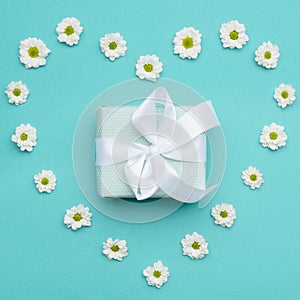 Happy Mother`s Day, Women`s Day, Valentine`s Day or Birthday Background. Pastel Blue Candy Colour flat lay minimal concept.