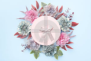 Happy Mother`s Day, Women`s Day, Valentine`s Day or Birthday Gift Background. Floral flat lay.
