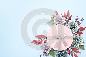 Happy Mother`s Day, Women`s Day, Valentine`s Day or Birthday Gift Background. Floral flat lay.