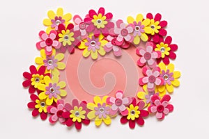 Happy Mother`s Day, Women`s Day, Valentine`s Day or Birthday Living Coral Pantone Color Background. Coral flat lay greeting card.