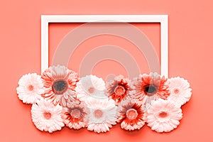 Happy Mother`s Day, Women`s Day, Valentine`s Day or Birthday Living Coral Pantone Color Background. Coral flat lay greeting card.