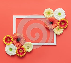 Happy Mother`s Day, Women`s Day, Valentine`s Day or Birthday Living Coral Pantone Color Background. Coral flat lay greeting card.