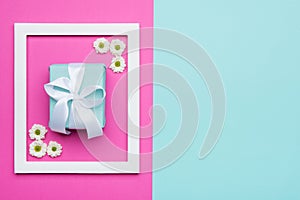 Happy Mother`s Day, Women`s Day, Valentine`s Day or Birthday Pastel Blue and Pink Candy Colour Background. Floral flat lay.