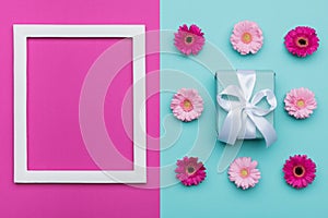 Happy Mother`s Day, Women`s Day, Valentine`s Day or Birthday Pastel Blue and Pink Candy Colour Background. Floral flat lay