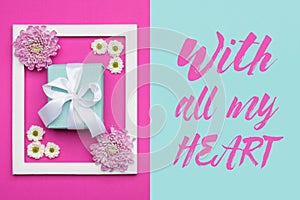 Happy Mother`s Day, Women`s Day, Valentine`s Day or Birthday Pastel Blue and Pink Candy Colour Background. Floral flat lay minimal