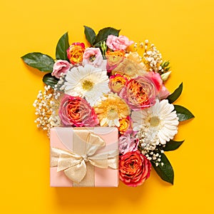 Happy Mother`s Day, Women`s Day, Valentine`s Day or Birthday Pastel Candy Colors Background. Floral flat lay greeting card.