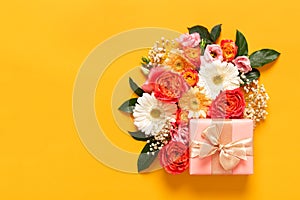 Happy Mother`s Day, Women`s Day, Valentine`s Day or Birthday Pastel Candy Colors Background. Floral flat lay greeting card. photo