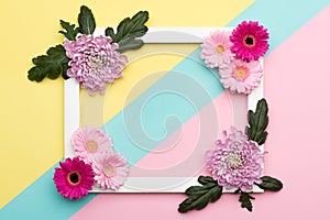 Floral flat lay. Happy Mother`s Day, Women`s Day, Valentine`s Day or Birthday Pastel Candy Colours Background. .